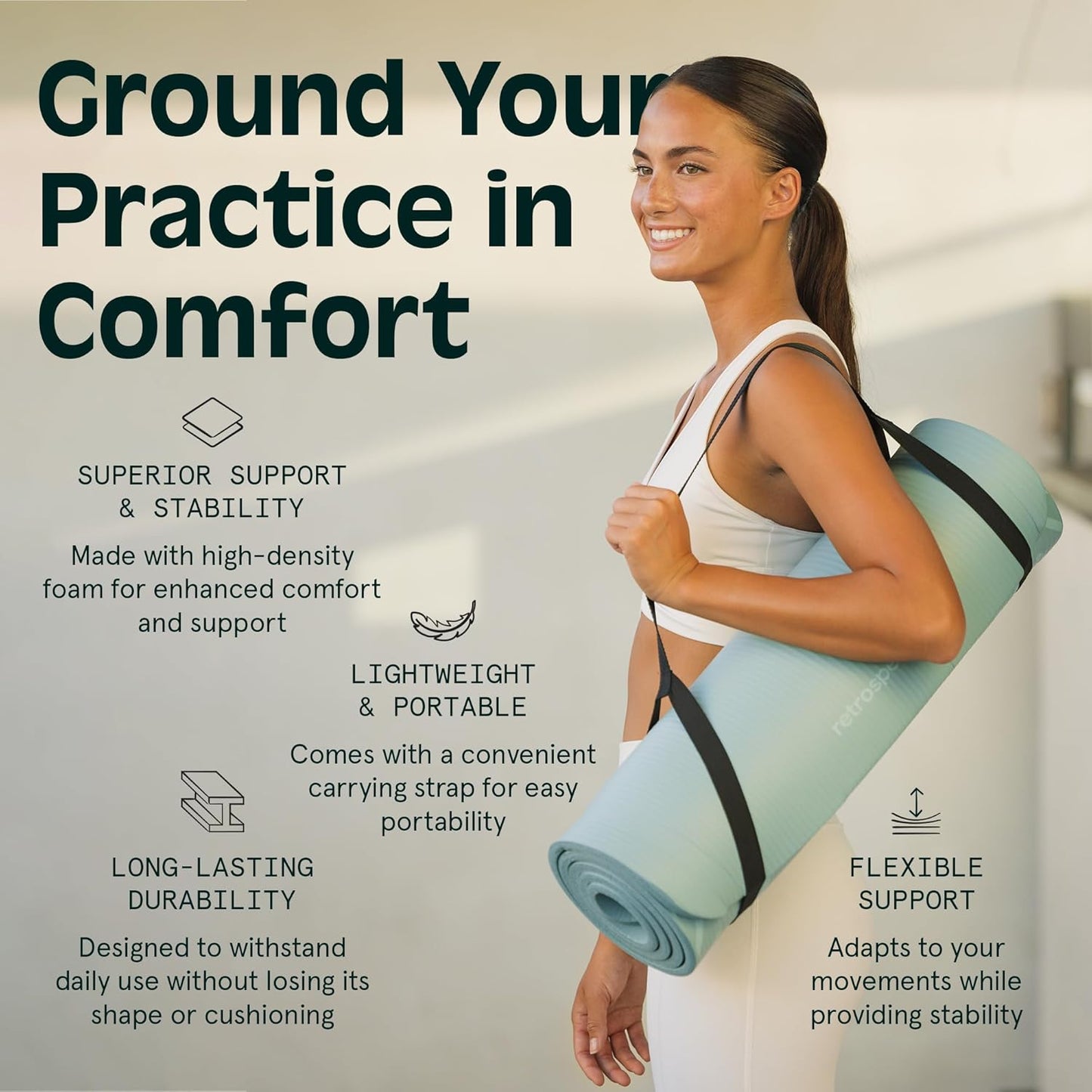 Solana 1/2" Thick Non-Slip Yoga Mat with Nylon Strap for Men and Women - Ideal for Yoga, Pilates, Stretching, and Fitness Workouts.