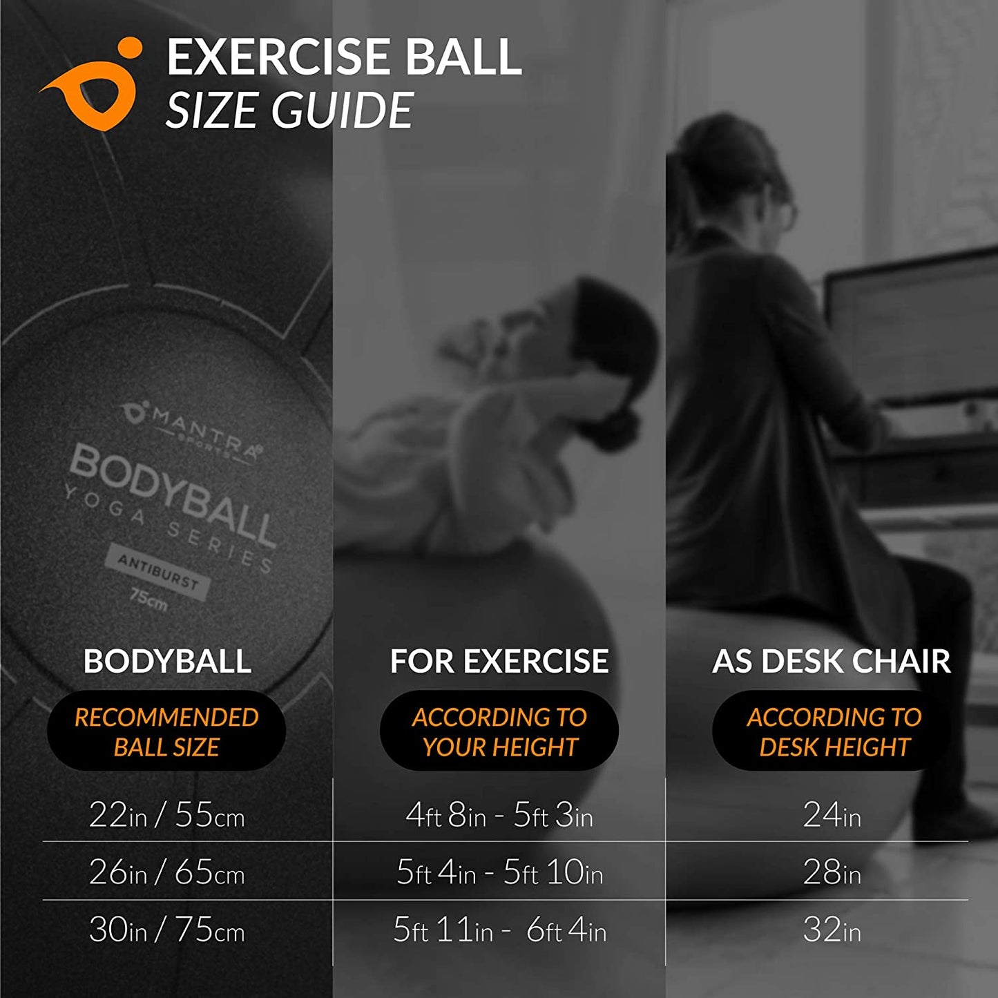 Exercise Ball Yoga Ball Chair for Fitness, Stability, Pilates, Pregnancy, Birthing, Therapy or Workout - 55Cm / 65Cm / 75Cm Extra Thick, Anti-Burst & Non-Slip, Gym Quality Balance Ball - Pump & Guide.
