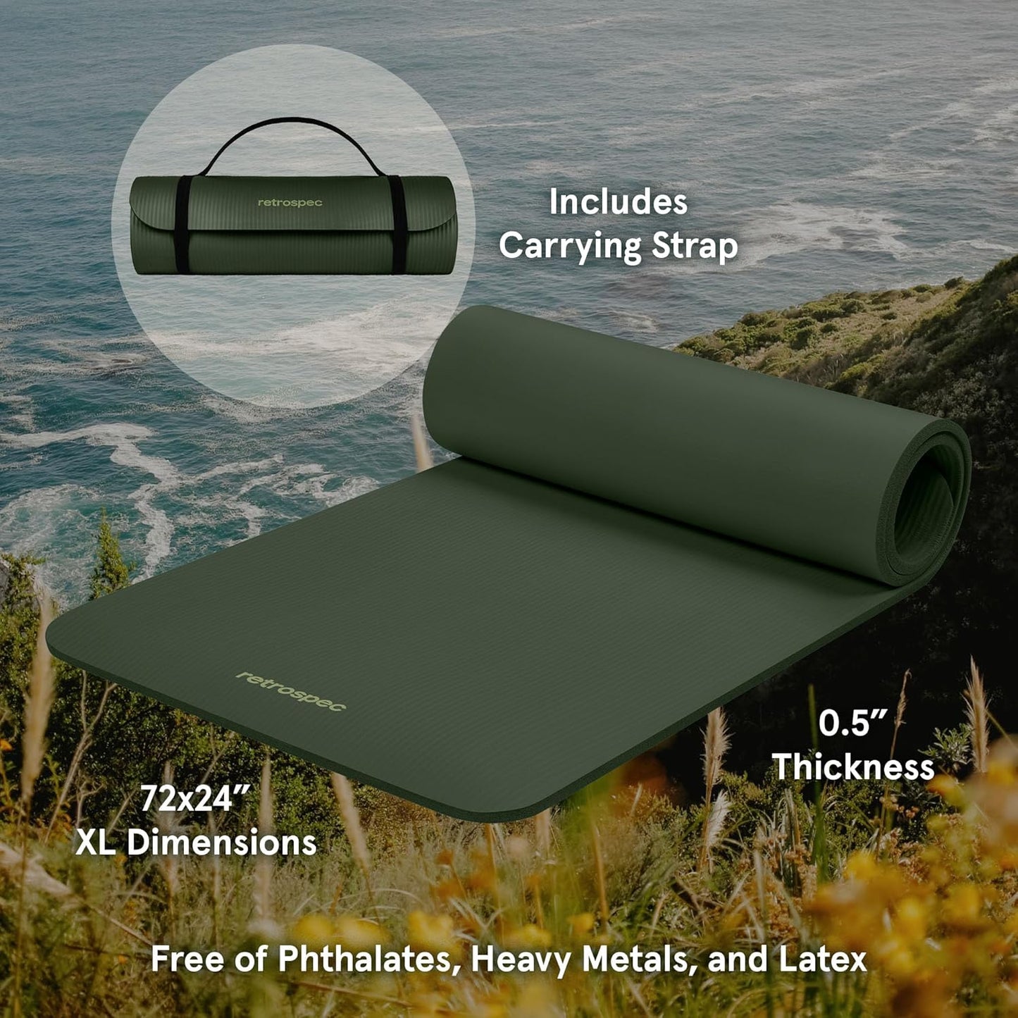 Solana 1/2" Thick Non-Slip Yoga Mat with Nylon Strap for Men and Women - Ideal for Yoga, Pilates, Stretching, and Fitness Workouts.