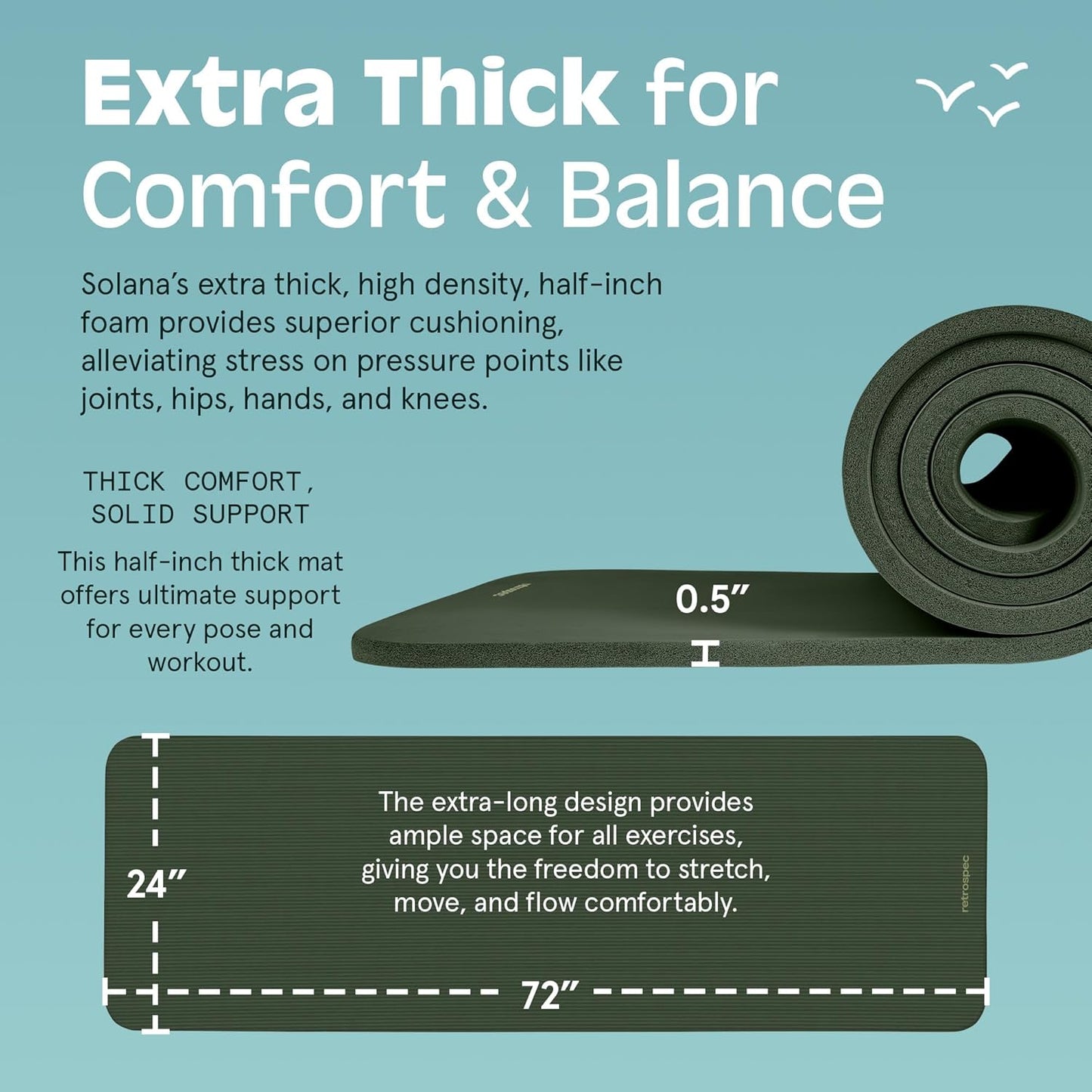 Solana 1/2" Thick Non-Slip Yoga Mat with Nylon Strap for Men and Women - Ideal for Yoga, Pilates, Stretching, and Fitness Workouts.