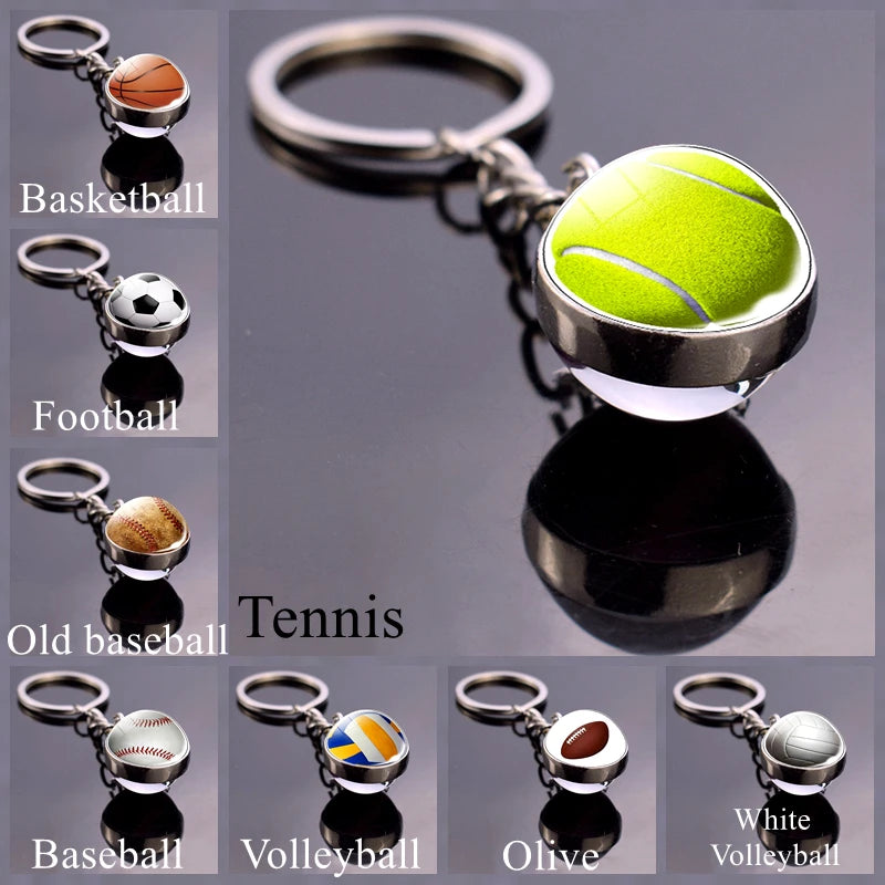 Glass Ball Keychains for Tennis, Football, Baseball, Volleyball, Soccer, and Basketball - Fashion Jewelry Keyrings