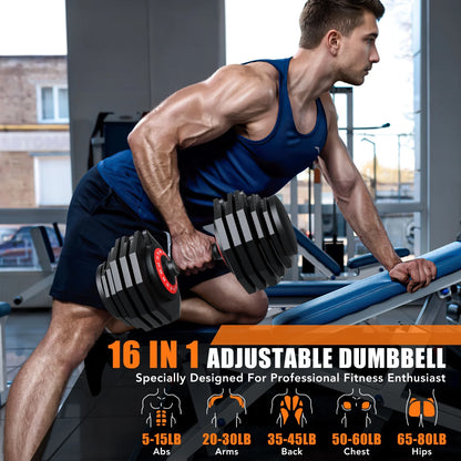 160Lb(80Lbs*2) Adjustable Dumbbells Set,16 in 1 Quick-Select 5-80Lbs Weight Adjustable Dumbbells for Full Body Home Workout.