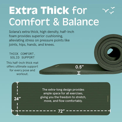 Solana 1/2" Thick Non-Slip Yoga Mat with Nylon Strap for Men and Women - Ideal for Yoga, Pilates, Stretching, and Fitness Workouts.